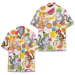 Funny Cat Hawaiian Shirt Men Women Youth, Cute Cats on Bicycles with Fruit Shirt